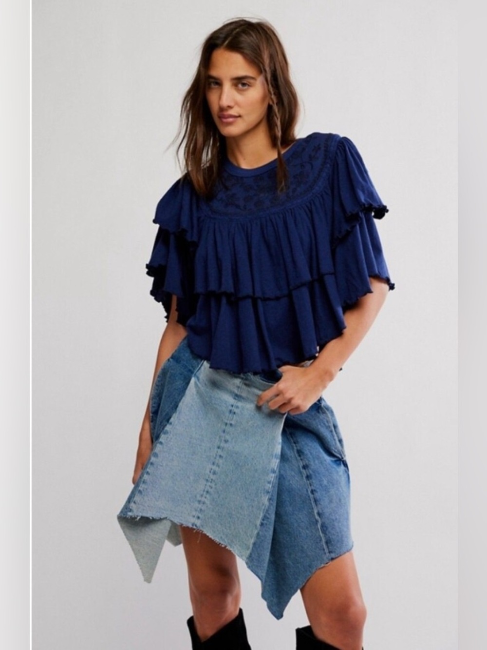 Free People Rose Party Tee Blouse Top Swingy Lace Embroidered Ruffle.  Small